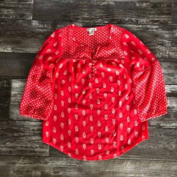 Lucky Brand XS Peasant Blouse Bright Red Chiffon Printed Bohemian Cowgirl - Picture 2 of 7